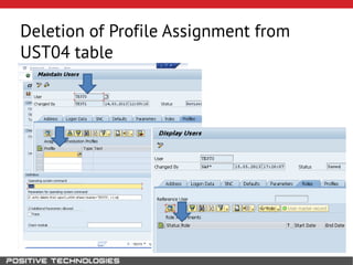 Deletion of Profile Assignment from
UST04 table
Assignig profile SAP_ALL:
 