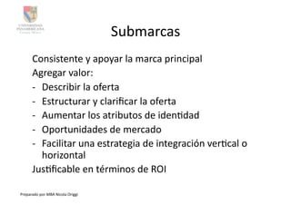 Submarcas	
  
         Consistente	
  y	
  apoyar	
  la	
  marca	
  principal	
  
         Agregar	
  valor:	
  
         -­‐  Describir	
  la	
  oferta	
  
         -­‐  Estructurar	
  y	
  clariﬁcar	
  la	
  oferta	
  
         -­‐  Aumentar	
  los	
  atributos	
  de	
  idenAdad	
  
         -­‐  Oportunidades	
  de	
  mercado	
  
         -­‐  Facilitar	
  una	
  estrategia	
  de	
  integración	
  verAcal	
  o	
  
              horizontal	
  
         JusAﬁcable	
  en	
  términos	
  de	
  ROI	
  

Preparado	
  por	
  MBA	
  Nicola	
  Origgi	
  
 