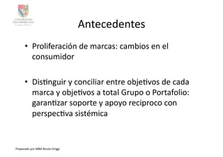 Antecedentes	
  
         •  Proliferación	
  de	
  marcas:	
  cambios	
  en	
  el	
  
            consumidor	
  

         •  DisAnguir	
  y	
  conciliar	
  entre	
  objeAvos	
  de	
  cada	
  
            marca	
  y	
  objeAvos	
  a	
  total	
  Grupo	
  o	
  Portafolio:	
  
            garanAzar	
  soporte	
  y	
  apoyo	
  reciproco	
  con	
  
            perspecAva	
  sistémica	
  


Preparado	
  por	
  MBA	
  Nicola	
  Origgi	
  
 
