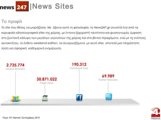 Το προφίλ
Το site που θέλεις να μοιράζεσαι. Με άξονα αυτή τη φιλοσοφία, το News247.gr συνιστά ένα από τα
κορυφαία ειδησεογραφικά sites της χώρας, με έντονα ξεχωριστή ταυτότητα και φυσιογνωμία, έμφαση
στη ζωντανή κάλυψη των μεγάλων γεγονότων της χώρας και στο βίντεο περιεχόμενο, ενώ με τις ενότητες
αυτοκινήτου, το ένθετο weekend edition, τα συνεργαζόμενα με αυτό sites αποτελεί μια πληρέστατη
λύση για σφαιρική καθημερινή ενημέρωση.
2.735.774
Unique Browsers
30.871.022
Page views
190.312
Facebook Fans
69.989
Twitter Followers
|News Sites
Πηγή: AT Internet | Σεπτέμβριος 2015
 