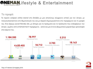|Lifestyle & Entertainment
Το προφίλ
Το πρώτο ανδρικό online brand στη Ελλάδα με μια απολύτως σύγχρονη οπτική για τον άντρα, με
πολυσυλλεκτικότητα στη θεματολογία του και με διαρκή δημιουργικότητα στο περιεχόμενο και τη γραφή
του. Ένα άκρως social friendly site, με άποψη για τα πράγματα και τα πρόσωπα που ενδιαφέρουν τον
άντρα, γεμάτο από entertainment περιεχόμενο, αλλά και μια έντονα βιωματικού χαρακτήρα φιλοσοφία
στα κείμενα του.
1.184.350
Unique Browsers
4.620.455
Page views
78.997
Facebook Fans
18.712
Twitter Followers
5.215
Instagram Followers
18.163
Newsletter Subscribers
2.743
Foursquare Followers
Πηγή: AT Internet | Σεπτέμβριος 2015
 