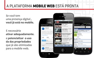 A PLATAFORMA MOBILE WEB ESTÁ PRONTA

Se	
  você	
  tem	
  
uma	
  presença	
  digital	
  ,	
  	
  
você	
  já	
  está	
  no	
  mobile.	
  
	
  
E	
  necessário	
  	
  
ativar	
  adequadamente.	
  
e	
  potencializar	
  	
  o	
  uso	
  	
  
da	
  das	
  propriedades	
  	
  
que	
  já	
  são	
  otimizadas	
  
para	
  a	
  mobile	
  web.	
  
	
  
 