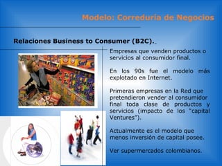 Relaciones Business to Consumer (B2C).
Empresas que venden productos o
servicios al consumidor final.
En los 90s fue el modelo más
explotado en Internet.
Primeras empresas en la Red que
pretendieron vender al consumidor
final toda clase de productos y
servicios (impacto de los “capital
Ventures”).
Actualmente es el modelo que
menos inversión de capital posee.
Ver supermercados colombianos.
Modelo: Correduría de Negocios
 