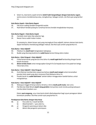 http://cikgusazali.blogspot.com
12
 Selain itu, kata bantu aspek tertentu boleh hadir bergandingan dengan kata bantu ragam,
waima secara mendahuluinya atau ,mengikutinya. Sebagai contoh, sila lihat ayat yang berikut
ini.
Kata Bantu Aspek + Kata Bantu Ragam
36. Pak Husin sedang hendak mengambil wuduk.
37. Razif belum hendak pulang ke rumahnya kerana hendak menghabiskan kerjanya.
Kata Bantu Ragam + Kata Bantu Aspek
38. Hamdiah mesti akan tiba sebentar lagi.
39. Nasser harus sudah makan malam.
Di samping itu, dalam binaan ayat yang merangkumi frasa adjektif, elemen-elemen kata bantu
dapat membantu mendukung pelbagai maksud. Sila lihat ayat contoh yang berikut ini.
Kata Bantu + Kata Adjektif
40. Pekebun itu masih kuat mengerjakan ladangnya.
41. Budak yang diserang leukimia itu sudah kurus kerana hilang selera makan.
Kata Bantu + Kata Penguat + Kata Adjektif
42. Fizikal kanak-kanak yang berusia lima tahun itu masih agak kecil berbanding dengan kanak-
kanak seusianya.
43. Belum terlalu lewat untuk mengucapkan Gong Xi Fa Cai kepada kaum Cina pada hari ketiga
Tahun baru Cina.
Kata Bantu + Kata Adjektif + Kata Penguat
44. Encik Rahmat memberitahu kawannya bahasa masih awal sangat untuk meramalkan
pasukan bola sepak yang akan menjuarai Piala Malaysia tahun ini.
45. Pesakit barah itu sudah baik betul setelah doktor menggunakan kaedah baharu untuk
mengubatinya.
Kata bantu + Kata Adjektif + Kata Adjektif
46. Walaupun tinggal di Kenya selama 10 tahun, Amira masih putih mulus dan ceria.
47. Pak Mat dan Mak Minah masih riang gembira menyambut anak mereka pulang walaupun
mereka dalam keadaan uzur.
Dalam ayat songsang, unsur kata bantu boleh dikehadapankan bagi tujuan penegasan dalam
konstituen predikat. Sila lihat contoh ayat yang berikut ini.
Pendepanan Kata Bantu dengan Kata Kerja
48. a) Para atlet itu / masih berlatih.
b) Masih berlatih / para atlet itu.
49. a) Pengantin perempuan belum tiba.
b) Belum tiba pengantin perempuan.
 