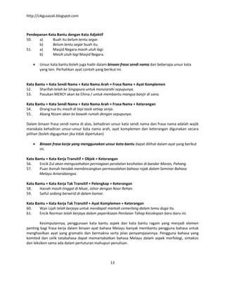 http://cikgusazali.blogspot.com
13
Pendepanan Kata Bantu dengan Kata Adjektif
50. a) Buah itu belum tentu segar.
b) Belum tentu segar buah itu.
51. a) Masjid Negara masih utuh lagi.
b) Masih utuh lagi Masjid Negara.
 Unsur kata bantu boleh juga hadir dalam binaan frasa sendi nama dan beberapa unsur kata
yang lain. Perhatikan ayat contoh yang berikut ini.
Kata Bantu + Kata Sendi Nama + Kata Nama Arah + Frasa Nama + Ayat Komplemen
52. Sharifah telah ke Singapura untuk menziarahi sepupunya.
53. Pasukan MERCY akan ke China / untuk membantu mangsa banjir di sana.
Kata Bantu + Kata Sendi Nama + Kata Nama Arah + Frasa Nama + Keterangan
54. Orang tua itu masih di tepi tasik setiap senja.
55. Abang Nizam akan ke bawah rumah dengan sepupunya.
Dalam binaan frasa sendi nama di atas, kehadiran unsur kata sendi nama dan frasa nama adalah wajib
manakala kehadiran unsur-unsur kata nama arah, ayat komplemen dan keterangan digunakan secara
pilihan (boleh digugurkan jika tidak diperlukan)
 Binaan frasa kerja yang menggunakan unsur kata bantu dapat dilihat dalam ayat yang berikut
ini.
Kata Bantu + Kata Kerja Transitif + Objek + Keterangan
56. Encik Zul akan mengusahakan perniagaan peralatan kesihatan di bandar Maran, Pahang.
57. Puan Asmah hendak membincangkan permasalahan bahasa rojak dalam Seminar Bahasa
Melayu Antarabangsa.
Kata Bantu + Kata Kerja Tak Transitif + Pelengkap + Keterangan
58. Hasiah masih tinggal di Muar, Johor dengan Noor Rehan.
59. Saiful sedang berwirid di dalam kamar.
Kata Bantu + Kata Kerja Tak Transitif + Ayat Komplemen + Keterangan
60. Wan Lijah telah berjaya untuk mendapat markah cemerlang dalam temu duga itu.
61. Encik Norman telah berjaya dalam peperiksaan Penilaian Tahap Kecekapan baru-baru ini.
Kesimpulannya, penggunaan kata bantu aspek dan kata bantu ragam yang menjadi elemen
penting bagi frasa kerja dalam binaan ayat bahasa Melayu banyak membantu pengguna bahasa untuk
menghasilkan ayat yang gramatis dan bermakna serta jelas penyampaiannya. Pengguna bahasa yang
komited dan celik tatabahasa dapat memartabatkan bahasa Melayu dalam aspek morfologi, sintaksis
dan leksikon sama ada dalam pertuturan mahupun penulisan.
 