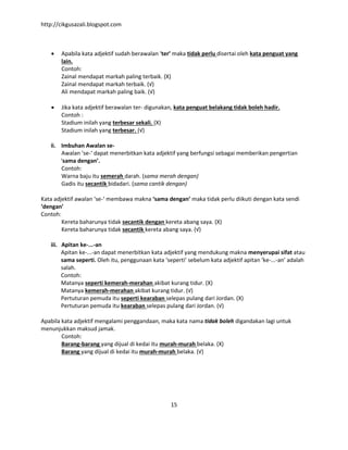 http://cikgusazali.blogspot.com
15
 Apabila kata adjektif sudah berawalan ‘ter’ maka tidak perlu disertai oleh kata penguat yang
lain.
Contoh:
Zainal mendapat markah paling terbaik. (X)
Zainal mendapat markah terbaik. (√)
Ali mendapat markah paling baik. (√)
 Jika kata adjektif berawalan ter- digunakan, kata penguat belakang tidak boleh hadir.
Contoh :
Stadium inilah yang terbesar sekali. (X)
Stadium inilah yang terbesar. (√)
ii. Imbuhan Awalan se-
Awalan ‘se-‘ dapat menerbitkan kata adjektif yang berfungsi sebagai memberikan pengertian
‘sama dengan’.
Contoh:
Warna baju itu semerah darah. (sama merah dengan)
Gadis itu secantik bidadari. (sama cantik dengan)
Kata adjektif awalan ‘se-‘ membawa makna ‘sama dengan’ maka tidak perlu diikuti dengan kata sendi
‘dengan’
Contoh:
Kereta baharunya tidak secantik dengan kereta abang saya. (X)
Kereta baharunya tidak secantik kereta abang saya. (√)
iii. Apitan ke-...-an
Apitan ke-...-an dapat menerbitkan kata adjektif yang mendukung makna menyerupai sifat atau
sama seperti. Oleh itu, penggunaan kata ‘seperti’ sebelum kata adjektif apitan ‘ke-...-an’ adalah
salah.
Contoh:
Matanya seperti kemerah-merahan akibat kurang tidur. (X)
Matanya kemerah-merahan akibat kurang tidur. (√)
Pertuturan pemuda itu seperti kearaban selepas pulang dari Jordan. (X)
Pertuturan pemuda itu kearaban selepas pulang dari Jordan. (√)
Apabila kata adjektif mengalami penggandaan, maka kata nama tidak boleh digandakan lagi untuk
menunjukkan maksud jamak.
Contoh:
Barang-barang yang dijual di kedai itu murah-murah belaka. (X)
Barang yang dijual di kedai itu murah-murah belaka. (√)
 