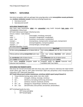 http://cikgusazali.blogspot.com
18
TOPIK 7 : KATA KERJA
Kata kerja merupakan salah satu golongan kata yang digunakan untuk menunjukkan sesuatu perbuatan
atau keadaan melakukan sesuatu. Kata kerja terbahagi kepada dua:
 Kata kerja transitif
 Kata kerja tak transitif
KATA KERJA TRANSITIF (KKT)
Kata kerja yang memerlukan objek atau penyambut yang terdiri daripada kata nama untuk
melengkapkan maksud ayat.
KKT boleh dikenal pasti dengan imbuhannya iaitu:
(minum, makan) – tiada imbuhan
meN-... - (mencangkul, menebang, memukul)
meN-...-i - (menjalani, menghadiahi, menghadapi)
meN-...-kan - (melarikan, memasukkan, menjalankan)
memper-... - (memperbesar, mempercantik, mempersuami, memperisteri)
memper-...-kan - (mempertingkatkan, mempertunjukkan)
memper-...-i - (memperdengari, memperingati)
KKT boleh dipasifkan. Contoh:
Ayat Aktif Ayat Pasif
Ah Moi sedang membasuh kain di dalam bilik air. Kain sedang dibasuh oleh Ah Moi di dalam bilik
air.
Pekerja-pekerja sedang memperlebar jalan raya. Jalan raya sedang diperlebar oleh pekerja-
pekerja.
Ibu menidurkan adik di dalam kamar. Adik ditidurkan oleh ibu di dalam kamar.
Kami makan kentang goreng itu. Kentang goreng itu kami makan.
Tuan Hakim menjatuhi pengedar dadah itu
hukuman mati mandatori.
Pengedar dadah itu dijatuhi hukuman mati
mandatori oleh Tuan Hakim.
KATA KERJA TAK TRANSITIF (KKTT)
Kata kerja tak transitif (intransitif) ialah kata kerja yang sudah sempurna maknanya dan dapat berdiri
sendiri dalam ayat. Oleh itu, KKTT tidak memerlukan objek atau penyambut untuk menyempurnakan
maksudnya. KKTT tidak boleh dipasifkan.
KKTT boleh dikenal pasti melalui imbuhannya, contohnya adalah seperti yang di bawah ini.
 Tanpa imbuhan (pulang, pergi, duduk, mati, tidur, balik)
 meN-... (mengalir, meletup, menangis, membisu)
 ber-... (berbicara, bercadang, berbincang, berkereta)
 ter-... (terkeluar, terjatuh, terpelosok, tertarik)
 ber-...-an (berguguran, bergandingan, berkibaran, bertaburan)
 ber-...-kan (berselimutkan, bersuamikan, beristerikan, berbantalkan)
KKTT terbahagi kepada dua iaitu;
i. KKTT tanpa pelengkap
ii. KKTT berpelengkap
 