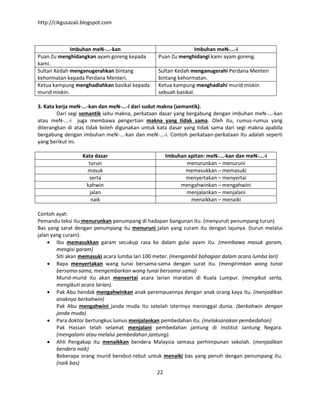 http://cikgusazali.blogspot.com
22
Imbuhan meN-...-kan Imbuhan meN-...-i
Puan Zu menghidangkan ayam goreng kepada
kami.
Puan Zu menghidangi kami ayam goreng.
Sultan Kedah menganugerahkan bintang
kehormatan kepada Perdana Menteri.
Sultan Kedah menganugerahi Perdana Menteri
bintang kehormatan.
Ketua kampung menghadiahkan basikal kepada
murid miskin.
Ketua kampung menghadiahi murid miskin
sebuah basikal.
3. Kata kerja meN-...-kan dan meN-...-i dari sudut makna (semantik).
Dari segi semantik iaitu makna, perkataan dasar yang bergabung dengan imbuhan meN-...-kan
atau meN-...-i juga membawa pengertian makna yang tidak sama. Oleh itu, rumus-rumus yang
diterangkan di atas tidak boleh digunakan untuk kata dasar yang tidak sama dari segi makna apabila
bergabung dengan imbuhan meN-...-kan dan meN-...-i. Contoh perkataan-perkataan itu adalah seperti
yang berikut ini.
Kata dasar Imbuhan apitan: meN-...-kan dan meN-...-i
turun menurunkan – menuruni
masuk memasukkan – memasuki
serta menyertakan – menyertai
kahwin mengahwinkan – mengahwini
jalan menjalankan – menjalani
naik menaikkan – menaiki
Contoh ayat:
Pemandu teksi itu menurunkan penumpang di hadapan bangunan itu. (menyuruh penumpang turun)
Bas yang sarat dengan penumpang itu menuruni jalan yang curam itu dengan lajunya. (turun melalui
jalan yang curam).
 Ibu memasukkan garam secukup rasa ke dalam gulai ayam itu. (membawa masuk garam,
mengisi garam)
Siti akan memasuki acara lumba lari 100 meter. (mengambil bahagian dalam acara lumba lari)
 Bapa menyertakan wang tunai bersama-sama dengan surat itu. (mengirimkan wang tunai
bersama-sama, mengembarkan wang tunai bersama-sama)
Murid-murid itu akan menyertai acara larian maraton di Kuala Lumpur. (mengikut serta,
mengikuti acara larian).
 Pak Abu hendak mengahwinkan anak perempuannya dengan anak orang kaya itu. (menjadikan
anaknya berkahwin)
Pak Abu mengahwini janda muda itu setelah isterinya meninggal dunia. (berkahwin dengan
janda muda)
 Para doktor bertungkus lumus menjalankan pembedahan itu. (melaksanakan pembedahan)
Pak Hassan telah selamat menjalani pembedahan jantung di Institut Jantung Negara.
(mengalami atau melalui pembedahan jantung).
 Ahli Pengakap itu menaikkan bendera Malaysia semasa perhimpunan sekolah. (menjadikan
bendera naik)
Beberapa orang murid berebut-rebut untuk menaiki bas yang penuh dengan penumpang itu.
(naik bas)
 