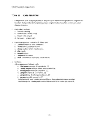 http://cikgusazali.blogspot.com
29
TOPIK 11 : KATA PERINTAH
1. Kata perintah ialah ayat yang diucapkan dengan tujuan menimbulkan gerak balas yang berupa
tindakan. Ayat perintah berfungsi sebagai ayat yang bermaksud suruhan, permintaan, silaan
ataupun larangan.
2. Contoh kata perintah:
a. Suruhan – tolong
b. Permintaan – minta, harap
c. Silaan – sila, jemput
d. Larangan – jangan, usah.
3. Contoh penggunaan kata perintah dalam ayat:
a. Tolong kembalikan buku cerita saya.
b. Minta semua peserta bersedia.
c. Harap saudara faham masalah saya.
d. Sila masuk.
e. Jemput makan.
f. Jangan berdiri di situ.
g. Usah kamu fikirkan kisah yang sudah berlalu.
4. Kesilapan
4.1 penggabungan kata perintah.
a. Sila jangan merokok di kawasan ini. (X)
b. Tolong jangan bising di dalam perpustakaan. (X)
c. Harap jangan memijak rumput ini. (X)
d. Jangan merokok di kawasan ini. (√)
e. Jangan bising di dalam perpustakaan. (√)
f. Jangan memijak rumput ini. (√)
*Imbuhan meN- pada kata kerja transitif harus digugurkan dalam ayat perintah.
*Imbuhan awalan kata kerja tak transitif harus dikekalkan dalam ayat perintah.
 