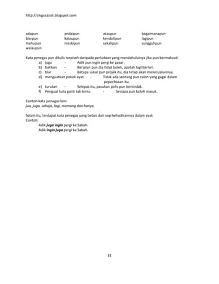http://cikgusazali.blogspot.com
31
adapun andaipun ataupun bagaimanapun
biarpun kalaupun kendatipun lagipun
mahupun meskipun sekalipun sungguhpun
walaupun
Kata penegas pun ditulis terpisah daripada perkataan yang mendahuluinya jika pun bermaksud:
a) juga - Adik pun ingin pergi ke pasar.
b) bahkan - Berjalan pun dia tidak boleh, apatah lagi berlari.
c) biar - Betapa sukar pun projek itu, dia tetap akan meneruskannya.
d) menguatkan pokok ayat - Tidak ada seorang pun calon yang gagal dalam
peperiksaan itu.
e) turutan - Selepas itu, pasukan polis pun bertindak.
f) Penguat kata ganti tak tentu - Sesiapa pun boleh masuk.
Contoh kata penegas lain:
jua, juga, sahaja, lagi, memang dan hanya.
Selain itu, terdapat kata penegas yang bebas dari segi kehadirannya dalam ayat.
Contoh:
Adik juga ingin pergi ke Sabah.
Adik ingin juga pergi ke Sabah.
 