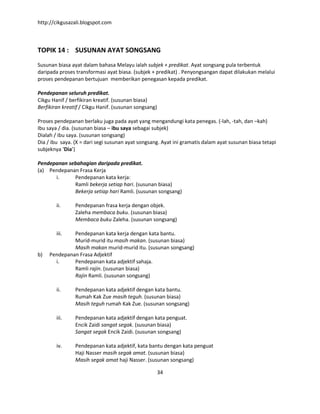 http://cikgusazali.blogspot.com
34
TOPIK 14 : SUSUNAN AYAT SONGSANG
Susunan biasa ayat dalam bahasa Melayu ialah subjek + predikat. Ayat songsang pula terbentuk
daripada proses transformasi ayat biasa. (subjek + predikat) . Penyongsangan dapat dilakukan melalui
proses pendepanan bertujuan memberikan penegasan kepada predikat.
Pendepanan seluruh predikat.
Cikgu Hanif / berfikiran kreatif. (susunan biasa)
Berfikiran kreatif / Cikgu Hanif. (susunan songsang)
Proses pendepanan berlaku juga pada ayat yang mengandungi kata penegas. (-lah, -tah, dan –kah)
Ibu saya / dia. (susunan biasa – ibu saya sebagai subjek)
Dialah / ibu saya. (susunan songsang)
Dia / ibu saya. (X = dari segi susunan ayat songsang. Ayat ini gramatis dalam ayat susunan biasa tetapi
subjeknya ‘Dia’)
Pendepanan sebahagian daripada predikat.
(a) Pendepanan Frasa Kerja
i. Pendepanan kata kerja:
Ramli bekerja setiap hari. (susunan biasa)
Bekerja setiap hari Ramli. (susunan songsang)
ii. Pendepanan frasa kerja dengan objek.
Zaleha membaca buku. (susunan biasa)
Membaca buku Zaleha. (susunan songsang)
iii. Pendepanan kata kerja dengan kata bantu.
Murid-murid itu masih makan. (susunan biasa)
Masih makan murid-murid itu. (susunan songsang)
b) Pendepanan Frasa Adjektif
i. Pendepanan kata adjektif sahaja.
Ramli rajin. (susunan biasa)
Rajin Ramli. (susunan songsang)
ii. Pendepanan kata adjektif dengan kata bantu.
Rumah Kak Zue masih teguh. (susunan biasa)
Masih teguh rumah Kak Zue. (susunan songsang)
iii. Pendepanan kata adjektif dengan kata penguat.
Encik Zaidi sangat segak. (susunan biasa)
Sangat segak Encik Zaidi. (susunan songsang)
iv. Pendepanan kata adjektif, kata bantu dengan kata penguat
Haji Nasser masih segak amat. (susunan biasa)
Masih segak amat haji Nasser. (susunan songsang)
 