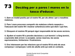 Família Escola Acció Compartida
2015-2016
9
73 Decàleg per a pares i mares en la
tasca d’educar.
1. Som un model positiu per al nostre fill, per als altres i per a nosaltres
mateixos.
2. Pare i mare procurem compartir els mateixos criteris respecte a
l'educació del nostre fill i mostrar coherència entre què diem i què fem.
3. Eduquem el nostres fill perquè sigui responsable de les seves accions.
4. Ajudem el nostre fill a prendre decisions a curt termini i a llarg termini,
a aprendre dels errors i a acceptar, sense reserves, les seves
equivocacions, limitacions i frustracions.
5. Ens interessem per les relacions que el nostre fill té amb els seus
companys i companyes i amb els adults amb qui està en contacte.
 