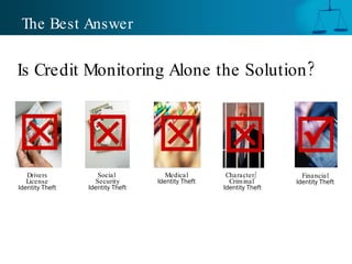 The Best Answer

Is Credit Monitoring Alone the Solution ?



    
   Drivers          Socia l          Medical        Character/        Financial
   License         Security       Identity Theft     Crim inal      Identity Theft
Identity Theft   Identity Theft                    Identity Theft
 