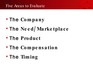 Five Areas to Evaluate


   The Co m pa ny
   The Ne e d / Ma rke tpla c e
   The Pro duc t
   The Co m pe ns a tio n
   The Tim ing
 