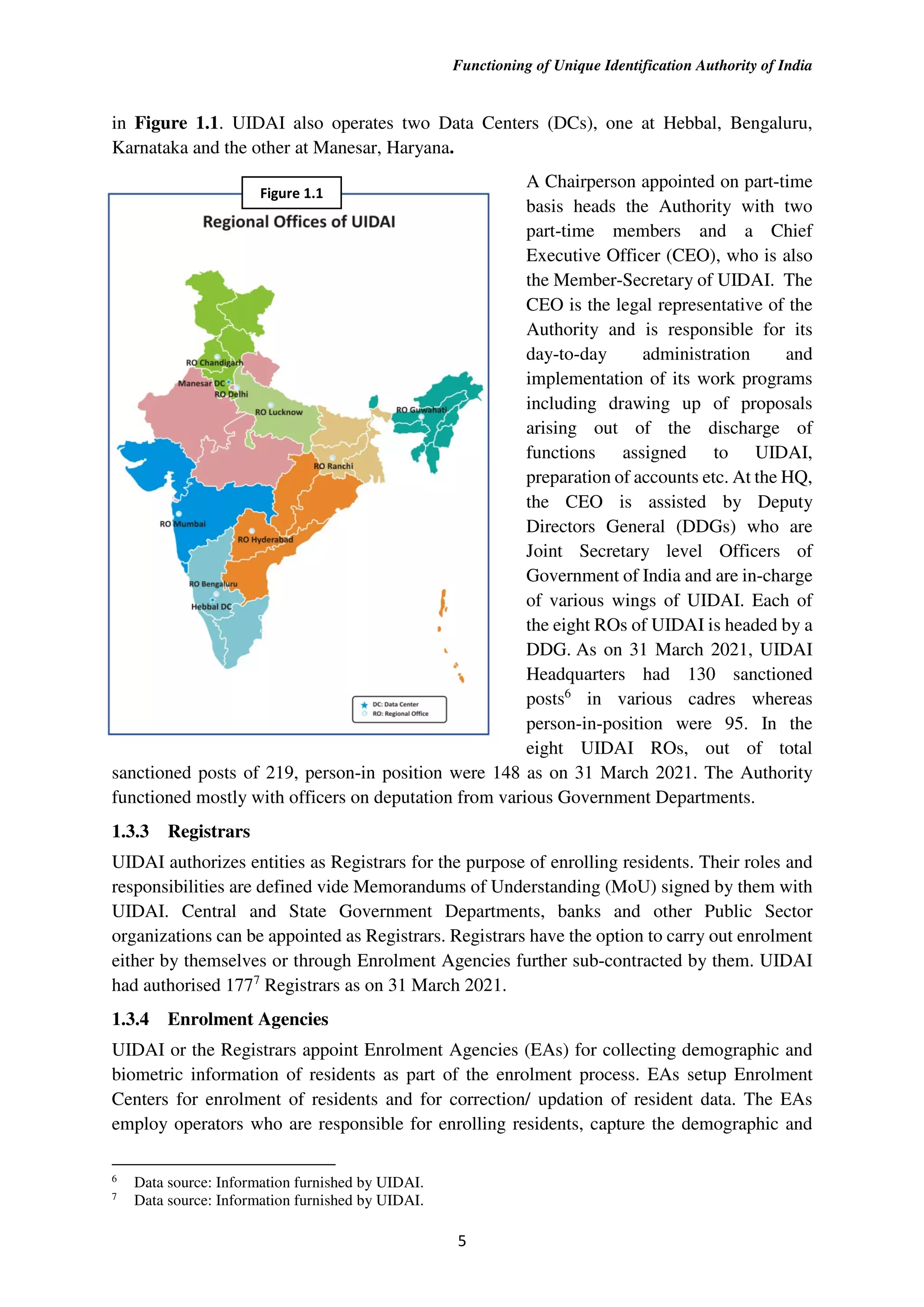Functioning of Unique Identification Authority of India
5
in Figure 1.1. UIDAI also operates two Data Centers (DCs), one at Hebbal, Bengaluru,
Karnataka and the other at Manesar, Haryana.
A Chairperson appointed on part-time
basis heads the Authority with two
part-time members and a Chief
Executive Officer (CEO), who is also
the Member-Secretary of UIDAI. The
CEO is the legal representative of the
Authority and is responsible for its
day-to-day administration and
implementation of its work programs
including drawing up of proposals
arising out of the discharge of
functions assigned to UIDAI,
preparation of accounts etc. At the HQ,
the CEO is assisted by Deputy
Directors General (DDGs) who are
Joint Secretary level Officers of
Government of India and are in-charge
of various wings of UIDAI. Each of
the eight ROs of UIDAI is headed by a
DDG. As on 31 March 2021, UIDAI
Headquarters had 130 sanctioned
posts6
in various cadres whereas
person-in-position were 95. In the
eight UIDAI ROs, out of total
sanctioned posts of 219, person-in position were 148 as on 31 March 2021. The Authority
functioned mostly with officers on deputation from various Government Departments.
1.3.3 Registrars
UIDAI authorizes entities as Registrars for the purpose of enrolling residents. Their roles and
responsibilities are defined vide Memorandums of Understanding (MoU) signed by them with
UIDAI. Central and State Government Departments, banks and other Public Sector
organizations can be appointed as Registrars. Registrars have the option to carry out enrolment
either by themselves or through Enrolment Agencies further sub-contracted by them. UIDAI
had authorised 1777
Registrars as on 31 March 2021.
1.3.4 Enrolment Agencies
UIDAI or the Registrars appoint Enrolment Agencies (EAs) for collecting demographic and
biometric information of residents as part of the enrolment process. EAs setup Enrolment
Centers for enrolment of residents and for correction/ updation of resident data. The EAs
employ operators who are responsible for enrolling residents, capture the demographic and
6
Data source: Information furnished by UIDAI.
7
Data source: Information furnished by UIDAI.
Figure 1.1
 