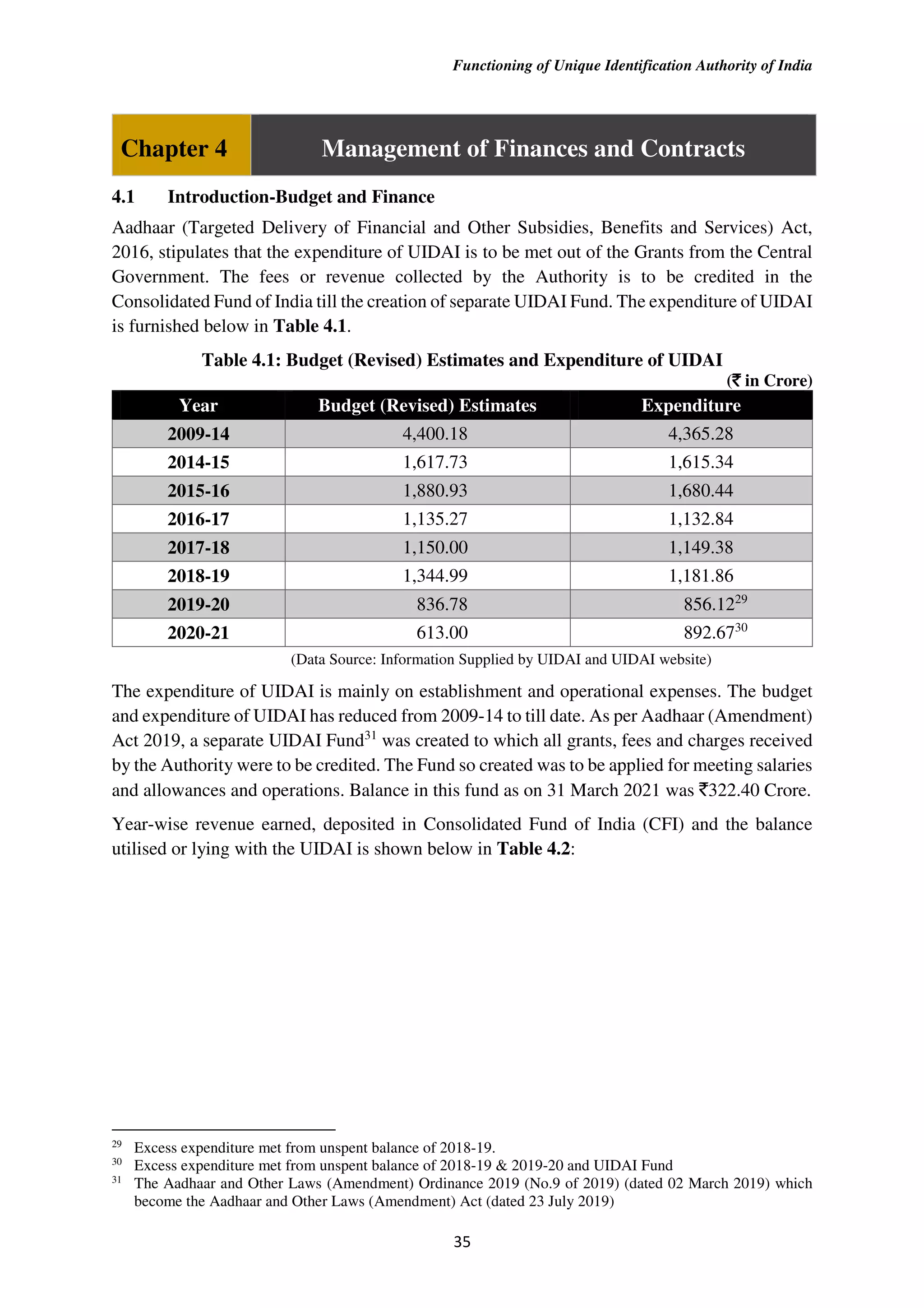 Functioning of Unique Identification Authority of India
35
Chapter 4 Management of Finances and Contracts
4.1 Introduction-Budget and Finance
Aadhaar (Targeted Delivery of Financial and Other Subsidies, Benefits and Services) Act,
2016, stipulates that the expenditure of UIDAI is to be met out of the Grants from the Central
Government. The fees or revenue collected by the Authority is to be credited in the
Consolidated Fund of India till the creation of separate UIDAI Fund. The expenditure of UIDAI
is furnished below in Table 4.1.
Table 4.1: Budget (Revised) Estimates and Expenditure of UIDAI
(`
`
`
` in Crore)
Year Budget (Revised) Estimates Expenditure
2009-14 4,400.18 4,365.28
2014-15 1,617.73 1,615.34
2015-16 1,880.93 1,680.44
2016-17 1,135.27 1,132.84
2017-18 1,150.00 1,149.38
2018-19 1,344.99 1,181.86
2019-20 836.78 856.1229
2020-21 613.00 892.6730
(Data Source: Information Supplied by UIDAI and UIDAI website)
The expenditure of UIDAI is mainly on establishment and operational expenses. The budget
and expenditure of UIDAI has reduced from 2009-14 to till date. As per Aadhaar (Amendment)
Act 2019, a separate UIDAI Fund31
was created to which all grants, fees and charges received
by the Authority were to be credited. The Fund so created was to be applied for meeting salaries
and allowances and operations. Balance in this fund as on 31 March 2021 was `322.40 Crore.
Year-wise revenue earned, deposited in Consolidated Fund of India (CFI) and the balance
utilised or lying with the UIDAI is shown below in Table 4.2:
29
Excess expenditure met from unspent balance of 2018-19.
30
Excess expenditure met from unspent balance of 2018-19 & 2019-20 and UIDAI Fund
31
The Aadhaar and Other Laws (Amendment) Ordinance 2019 (No.9 of 2019) (dated 02 March 2019) which
become the Aadhaar and Other Laws (Amendment) Act (dated 23 July 2019)
 