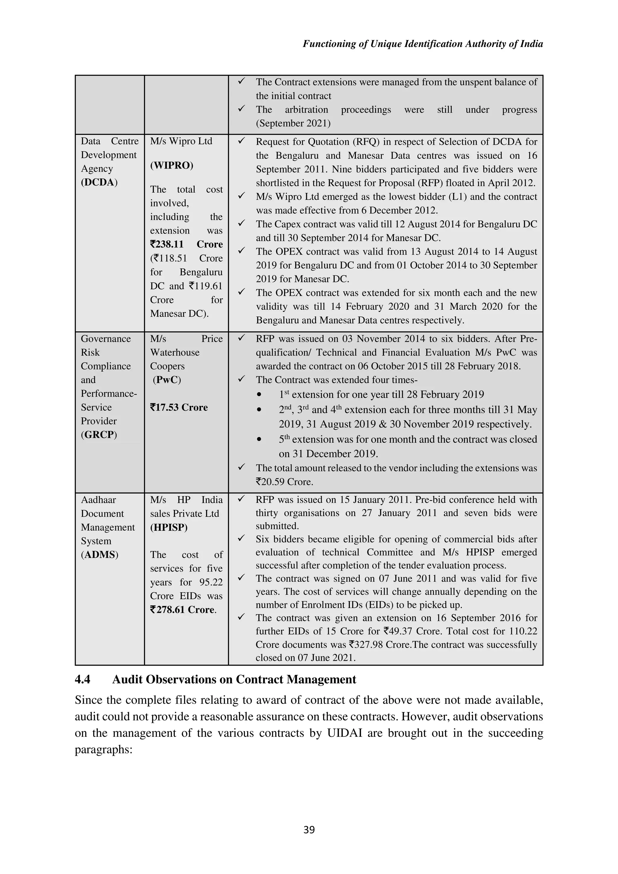 Functioning of Unique Identification Authority of India
39
The Contract extensions were managed from the unspent balance of
the initial contract
The arbitration proceedings were still under progress
(September 2021)
Data Centre
Development
Agency
(DCDA)
M/s Wipro Ltd
(WIPRO)
The total cost
involved,
including the
extension was
`
`
`
`238.11 Crore
(`118.51 Crore
for Bengaluru
DC and `119.61
Crore for
Manesar DC).
Request for Quotation (RFQ) in respect of Selection of DCDA for
the Bengaluru and Manesar Data centres was issued on 16
September 2011. Nine bidders participated and five bidders were
shortlisted in the Request for Proposal (RFP) floated in April 2012.
M/s Wipro Ltd emerged as the lowest bidder (L1) and the contract
was made effective from 6 December 2012.
The Capex contract was valid till 12 August 2014 for Bengaluru DC
and till 30 September 2014 for Manesar DC.
The OPEX contract was valid from 13 August 2014 to 14 August
2019 for Bengaluru DC and from 01 October 2014 to 30 September
2019 for Manesar DC.
The OPEX contract was extended for six month each and the new
validity was till 14 February 2020 and 31 March 2020 for the
Bengaluru and Manesar Data centres respectively.
Governance
Risk
Compliance
and
Performance-
Service
Provider
(GRCP)
M/s Price
Waterhouse
Coopers
(PwC)
`
`
`
`17.53 Crore
RFP was issued on 03 November 2014 to six bidders. After Pre-
qualification/ Technical and Financial Evaluation M/s PwC was
awarded the contract on 06 October 2015 till 28 February 2018.
The Contract was extended four times-
• 1st
extension for one year till 28 February 2019
• 2nd
, 3rd
and 4th
extension each for three months till 31 May
2019, 31 August 2019 & 30 November 2019 respectively.
• 5th
extension was for one month and the contract was closed
on 31 December 2019.
The total amount released to the vendor including the extensions was
`20.59 Crore.
Aadhaar
Document
Management
System
(ADMS)
M/s HP India
sales Private Ltd
(HPISP)
The cost of
services for five
years for 95.22
Crore EIDs was
`
`
`
`278.61 Crore.
RFP was issued on 15 January 2011. Pre-bid conference held with
thirty organisations on 27 January 2011 and seven bids were
submitted.
Six bidders became eligible for opening of commercial bids after
evaluation of technical Committee and M/s HPISP emerged
successful after completion of the tender evaluation process.
The contract was signed on 07 June 2011 and was valid for five
years. The cost of services will change annually depending on the
number of Enrolment IDs (EIDs) to be picked up.
The contract was given an extension on 16 September 2016 for
further EIDs of 15 Crore for `49.37 Crore. Total cost for 110.22
Crore documents was `327.98 Crore.The contract was successfully
closed on 07 June 2021.
4.4 Audit Observations on Contract Management
Since the complete files relating to award of contract of the above were not made available,
audit could not provide a reasonable assurance on these contracts. However, audit observations
on the management of the various contracts by UIDAI are brought out in the succeeding
paragraphs:
 