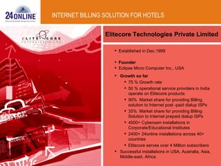 Elitecore Technologies Private Limited INTERNET BILLING SOLUTION FOR HOTELS Established in Dec.1999 Founder Eclipse Micro Computer Inc., USA Growth so far 75 % Growth rate 50 % operational service providers in India operate on Elitecore products 90%  Market share for providing Billing solution to Internet post -paid dialup ISPs 35%  Market share for providing Billing Solution to Internet prepaid dialup ISPs 4500+ Cyberoam installations in Corporate/Educational Institutes 2400+ 24online installations across 40+ countries  Elitecore serves over 4 Million subscribers Successful installations in USA, Australia, Asia, Middle-east, Africa 