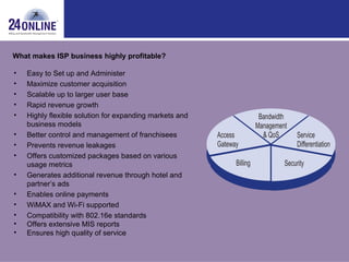 What makes ISP business highly profitable? Easy to Set up and Administer Maximize customer acquisition Scalable up to larger user base Rapid revenue growth Highly flexible solution for expanding markets and business models Better control and management of franchisees Prevents revenue leakages Offers customized packages based on various usage metrics Generates additional revenue through hotel and partner’s ads Enables online payments WiMAX and Wi-Fi supported Compatibility with 802.16e standards Offers extensive MIS reports Ensures high quality of service 