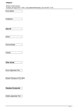24Option

Written by Administrator
Tuesday, 23 August 2011 10:05 - Last Updated Wednesday, 20 June 2012 11:55

Euro-Dollar




Vodafone




Dax-30




Silver




Pound-Dollar




Lloyds




Dow Jones




Euro-Japanese Yen




British Petroleum PLC (BP)




Nasdaq Composite




Dollar-Japanese Yen




                                                                             2/6
 