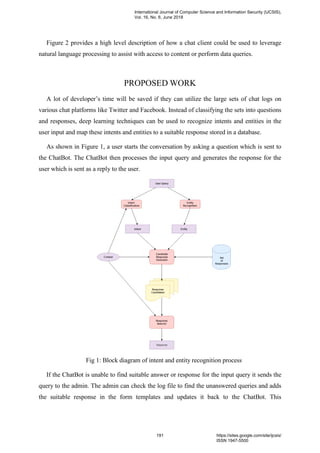Figure 2 provides a high level description of how a chat client could be used to leverage
natural language processing to assist with access to content or perform data queries.
PROPOSED WORK
A lot of developer’s time will be saved if they can utilize the large sets of chat logs on
various chat platforms like Twitter and Facebook. Instead of classifying the sets into questions
and responses, deep learning techniques can be used to recognize intents and entities in the
user input and map these intents and entities to a suitable response stored in a database.
As shown in Figure 1, a user starts the conversation by asking a question which is sent to
the ChatBot. The ChatBot then processes the input query and generates the response for the
user which is sent as a reply to the user.
Fig 1: Block diagram of intent and entity recognition process
If the ChatBot is unable to find suitable answer or response for the input query it sends the
query to the admin. The admin can check the log file to find the unanswered queries and adds
the suitable response in the form templates and updates it back to the ChatBot. This
International Journal of Computer Science and Information Security (IJCSIS),
Vol. 16, No. 6, June 2018
191 https://sites.google.com/site/ijcsis/
ISSN 1947-5500
 