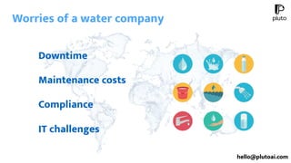 Downtime
Maintenance costs
Compliance
IT challenges
Worries of a water company
hello@plutoai.com
 