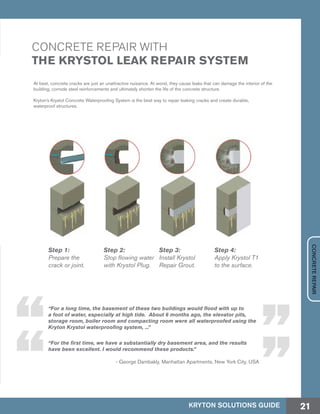 CONCRETE REPAIR WITH
THE KRYSTOL LEAK REPAIR SYSTEM
At best, concrete cracks are just an unattractive nuisance. At worst, they cause leaks that can damage the interior of the
building, corrode steel reinforcements and ultimately shorten the life of the concrete structure.
Kryton’s Krystol Concrete Waterproofing System is the best way to repair leaking cracks and create durable,
waterproof structures.
“For a long time, the basement of these two buildings would flood with up to
a foot of water, especially at high tide. About 6 months ago, the elevator pits,
storage room, boiler room and compacting room were all waterproofed using the
Kryton Krystol waterproofing system, ...”
“For the first time, we have a substantially dry basement area, and the results
have been excellent. I would recommend these products.”
- George Dambakly, Manhattan Apartments, New York City, USA
Step 1:
Prepare the
crack or joint.
Step 2:
Stop flowing water
with Krystol Plug.
Step 3:
Install Krystol
Repair Grout.
Step 4:
Apply Krystol T1
to the surface.
CONCRETEREPAIR
KRYTON SOLUTIONS GUIDE 21
 