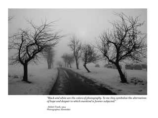 “Black and white are the colors of photography. To me they symbolize the alternatives
of hope and despair to which mankind is forever subjected.”
~Robert Frank, 1924
Photographer, filmmaker
 