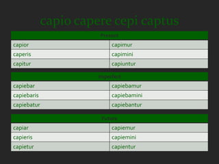 capio capere cepi captus
                       Present
capior                      capimur
caperis                     capimini
capitur                     capiuntur

                       Imperfect
capiebar                    capiebamur
capiebaris                  capiebamini
capiebatur                  capiebantur

                        Future
capiar                      capiemur
capieris                    capiemini
capietur                    capientur
 