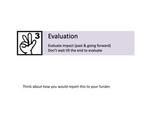 Evaluation
Evaluate impact (past & going forward)
Don’t wait till the end to evaluate

Think about how you would report this to your funder.

 