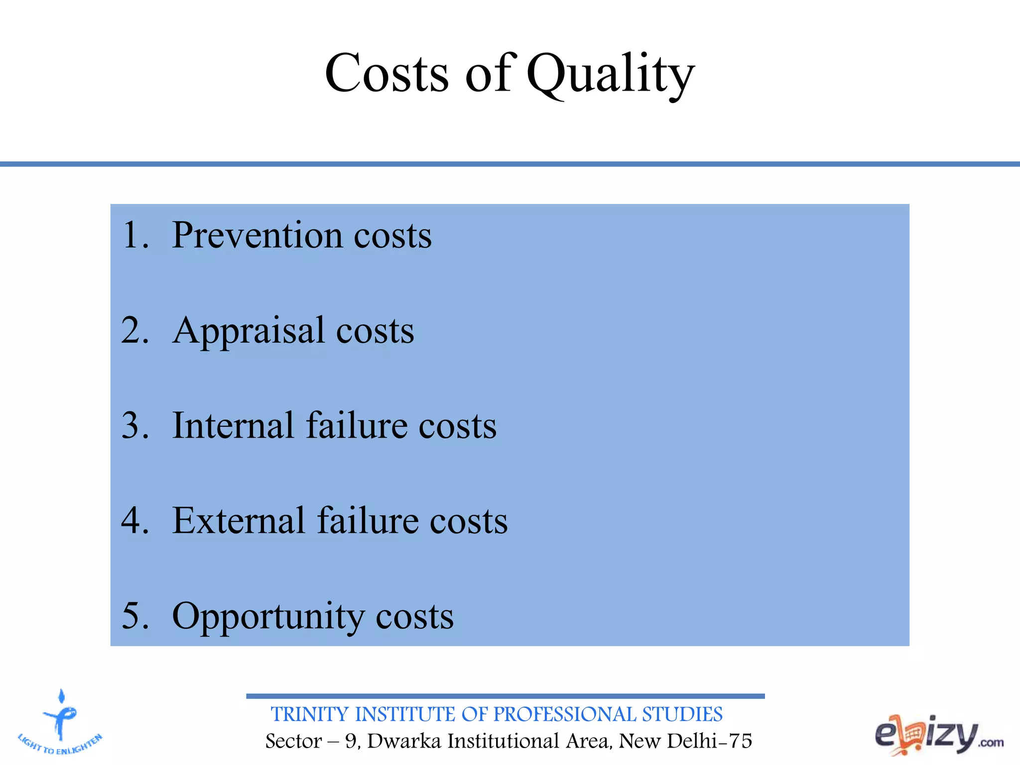 TRINITY INSTITUTE OF PROFESSIONAL STUDIES
Sector – 9, Dwarka Institutional Area, New Delhi-75
1. Prevention costs
2. Appraisal costs
3. Internal failure costs
4. External failure costs
5. Opportunity costs
Costs of Quality
 