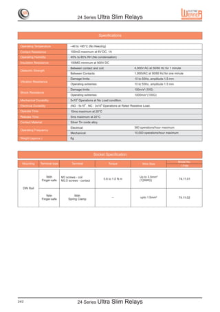 24 Series Ultra               Slim Relays


                                                                Specifications

 Operating Temperature                 –40 to +85°C (No freezing)
 Contact Resistance                    100mÙ maximum at 6V DC, 1A
 Operating Humidity                    45% to 85% RH (No condensation)
 Insulation Resistance                 100MÙ minimum at 500V DC
                                       Between contact and coil:                      4,000V AC at 50/60 Hz for 1 minute
 Dielectric Strength
                                       Between Contacts:                              1,000VAC at 50/60 Hz for one minute
                                       Damage limits:                                 10 to 55Hz, amplitude 1.5 mm
 Vibration Resistance
                                       Operating extremes:                            10 to 55Hz, amplitude 1.5 mm
                                       Damage limits:                                 100m/s² (10G)
 Shock Resistance
                                       Operating extremes:                            1000m/s² (100G)
                                            7
 Mechanical Durability                 5x10 Operations at No Load condition.
                                                     4           4
 Electrical Durability                 (NO : 5x10 , NC : 3x10 Operations at Rated Resistive Load.
 Operate Time                          10ms maximum at 20°C
 Release Time                          5ms maximum at 20°C
 Contact Material                      Silver Tin oxide alloy
                                       Electrical:                                    360 operations/hour maximum
 Operating Frequency
                                       Mechanical:                                    10,000 operations/hour maximum
 Weight (approx.)                      6g




                                                         Socket Specification
                                                                                                                     Model No.
   Mounting      Terminal type          Terminal                        Torque             Wire Size
                                                                                                                      1 Pole



                     With        M3 screws - coil                                        Up to 3.5mm²
                  Finger-safe                                        0.6 to 1.0 N.m      (12AWG)                       74.11.01
                                 M3.5 screws - contact

   DIN Rail

                     With                 With                             –              upto 1.5mm²                  74.11.02
                  Finger-safe         Spring Clamp




24/2                                        24 Series Ultra               Slim Relays
 