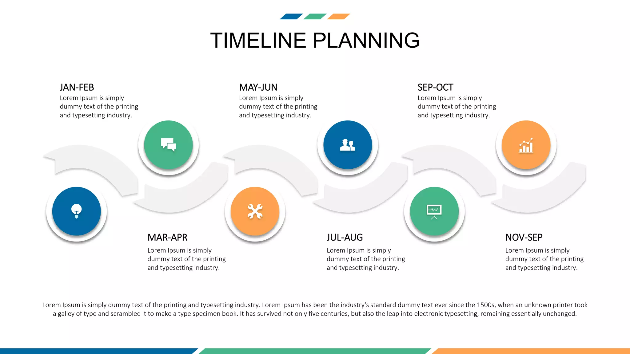 TIMELINE PLANNING
JAN-FEB
Lorem Ipsum is simply
dummy text of the printing
and typesetting industry.
MAR-APR
Lorem Ipsum is simply
dummy text of the printing
and typesetting industry.
MAY-JUN
Lorem Ipsum is simply
dummy text of the printing
and typesetting industry.
JUL-AUG
Lorem Ipsum is simply
dummy text of the printing
and typesetting industry.
SEP-OCT
Lorem Ipsum is simply
dummy text of the printing
and typesetting industry.
NOV-SEP
Lorem Ipsum is simply
dummy text of the printing
and typesetting industry.
Lorem Ipsum is simply dummy text of the printing and typesetting industry. Lorem Ipsum has been the industry's standard dummy text ever since the 1500s, when an unknown printer took
a galley of type and scrambled it to make a type specimen book. It has survived not only five centuries, but also the leap into electronic typesetting, remaining essentially unchanged.
 
