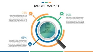TARGET MARKET
Lorem Ipsum is simply dummy text of the
printing and typesetting industry. Lorem
Ipsum has been the industry's standard
dummy text ever since the 1500s, when an
unknown printer took a galley of type and
scrambled it to make a type specimen book.
75%
Lorem Ipsum is simply dummy text of the
printing and typesetting industry. Lorem
Ipsum has been the industry's standard
dummy text ever since the 1500s, when an
unknown printer took a galley of type and
scrambled it to make a type specimen book.
50%
Lorem Ipsum is simply dummy text of the
printing and typesetting industry. Lorem
Ipsum has been the industry's standard
dummy text ever since the 1500s, when an
unknown printer took a galley of type and
scrambled it to make a type specimen book.
63%
 
