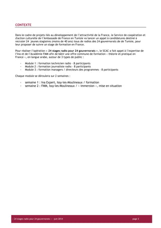 « 24 stages radio pour 24 gouvernorats » – juin 2014 page 3
CONTEXTE
Dans le cadre de projets liés au développement de l’attractivité de la France, le Service de coopération et
d'action culturelle de l’Ambassade de France en Tunisie va lancer un appel à candidatures destiné à
recruter 24 jeunes stagiaires (moins de 40 ans) issus de radios des 24 gouvernorats de de Tunisie, pour
leur proposer de suivre un stage de formation en France.
Pour réaliser l’opération « 24 stages radio pour 24 gouvernorats », le SCAC a fait appel à l’expertise de
l’Ina et de l’Académie FMM afin de bâtir une offre commune de formation « théorie et pratique en
France », en langue arabe, autour de 3 types de public :
- Module 1 : formation technicien radio – 8 participants
- Module 2 : formation journaliste radio – 8 participants
- Module 3 : formation managers / directeurs des programmes – 8 participants
Chaque module se déroulera sur 2 semaines :
- semaine 1 : Ina Expert, Issy-les-Moulineaux / formation
- semaine 2 : FMM, Issy-les-Moulineaux / « immersion », mise en situation
 