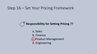 Step 16 – Set Your Pricing Framework
Responsibility for Setting Pricing ??
a. Sales
b. Finance
c. Product Management
d. Engineering
86
 