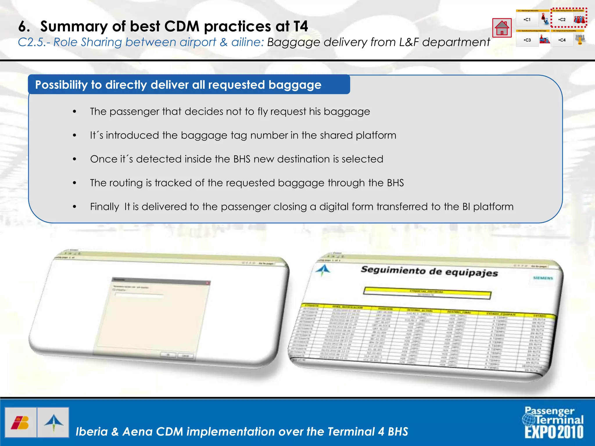 Iberia & Aena CDM implementation over the Terminal 4 BHSIberia & Aena CDM implementation over the Terminal 4 BHS
6. Summary of best CDM practices at T4
C2.5.- Role Sharing between airport & ailine: Baggage delivery from L&F department
C1.- Interchange Information
C1
C2.- Roles Sharing between airport & airline
C3.- Operational Knowledgeinterchage C4.- Design of new functionalities
C2
C3 C4
I+D+I
• The passenger that decides not to fly request his baggage
• It´s introduced the baggage tag number in the shared platform
• Once it´s detected inside the BHS new destination is selected
• The routing is tracked of the requested baggage through the BHS
• Finally It is delivered to the passenger closing a digital form transferred to the BI platform
Possibility to directly deliver all requested baggage
 