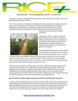 www.riceplusmagazine.blogspot.com
biosecurity, we need to strengthen the harmonisation of the Indian plant quarantine syst...