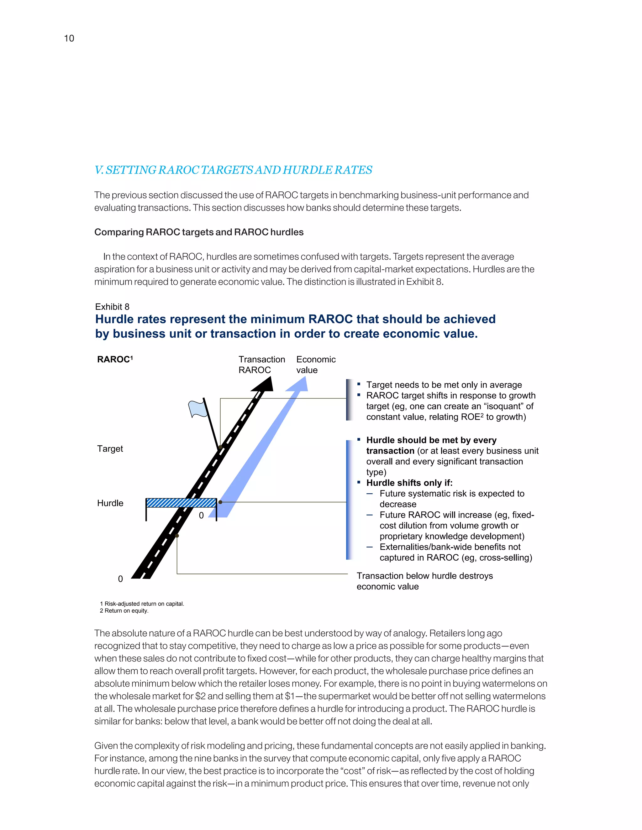 V. SETTING RAROC TARGETS AND HURDLE RATES
The previous section discussed the use of RAROC targets in benchmarking business-unit performance and
evaluating transactions. This section discusses how banks should determine these targets.
Comparing RAROC targets and RAROC hurdles
	 In the context of RAROC, hurdles are sometimes confused with targets. Targets represent the average
aspiration for a business unit or activity and may be derived from capital-market expectations. Hurdles are the
minimum required to generate economic value. The distinction is illustrated in Exhibit 8.
The absolute nature of a RAROC hurdle can be best understood by way of analogy. Retailers long ago
recognized that to stay competitive, they need to charge as low a price as possible for some products—even
when these sales do not contribute to fixed cost—while for other products, they can charge healthy margins that
allow them to reach overall profit targets. However, for each product, the wholesale purchase price defines an
absolute minimum below which the retailer loses money. For example, there is no point in buying watermelons on
the wholesale market for $2 and selling them at $1—the supermarket would be better off not selling watermelons
at all. The wholesale purchase price therefore defines a hurdle for introducing a product. The RAROC hurdle is
similar for banks: below that level, a bank would be better off not doing the deal at all.
Given the complexity of risk modeling and pricing, these fundamental concepts are not easily applied in banking.
For instance, among the nine banks in the survey that compute economic capital, only five apply a RAROC
hurdle rate. In our view, the best practice is to incorporate the “cost” of risk—as reflected by the cost of holding
economic capital against the risk—in a minimum product price. This ensures that over time, revenue not only
Hurdle rates represent the minimum RAROC that should be achieved
by business unit or transaction in order to create economic value.
▪ Hurdle should be met by every
transaction (or at least every business unit
overall and every significant transaction
type)
▪ Hurdle shifts only if:
– Future systematic risk is expected to
decrease
– Future RAROC will increase (eg, fixed-
cost dilution from volume growth or
proprietary knowledge development)
– Externalities/bank-wide benefits not
captured in RAROC (eg, cross-selling)
Transaction below hurdle destroys
economic value
▪ Target needs to be met only in average
▪ RAROC target shifts in response to growth
target (eg, one can create an “isoquant” of
constant value, relating ROE2 to growth)
RAROC1
Target
Hurdle
0
Transaction
RAROC
Economic
value
Exhibit 8
0
1 Risk-adjusted return on capital.
2 Return on equity.
10
 