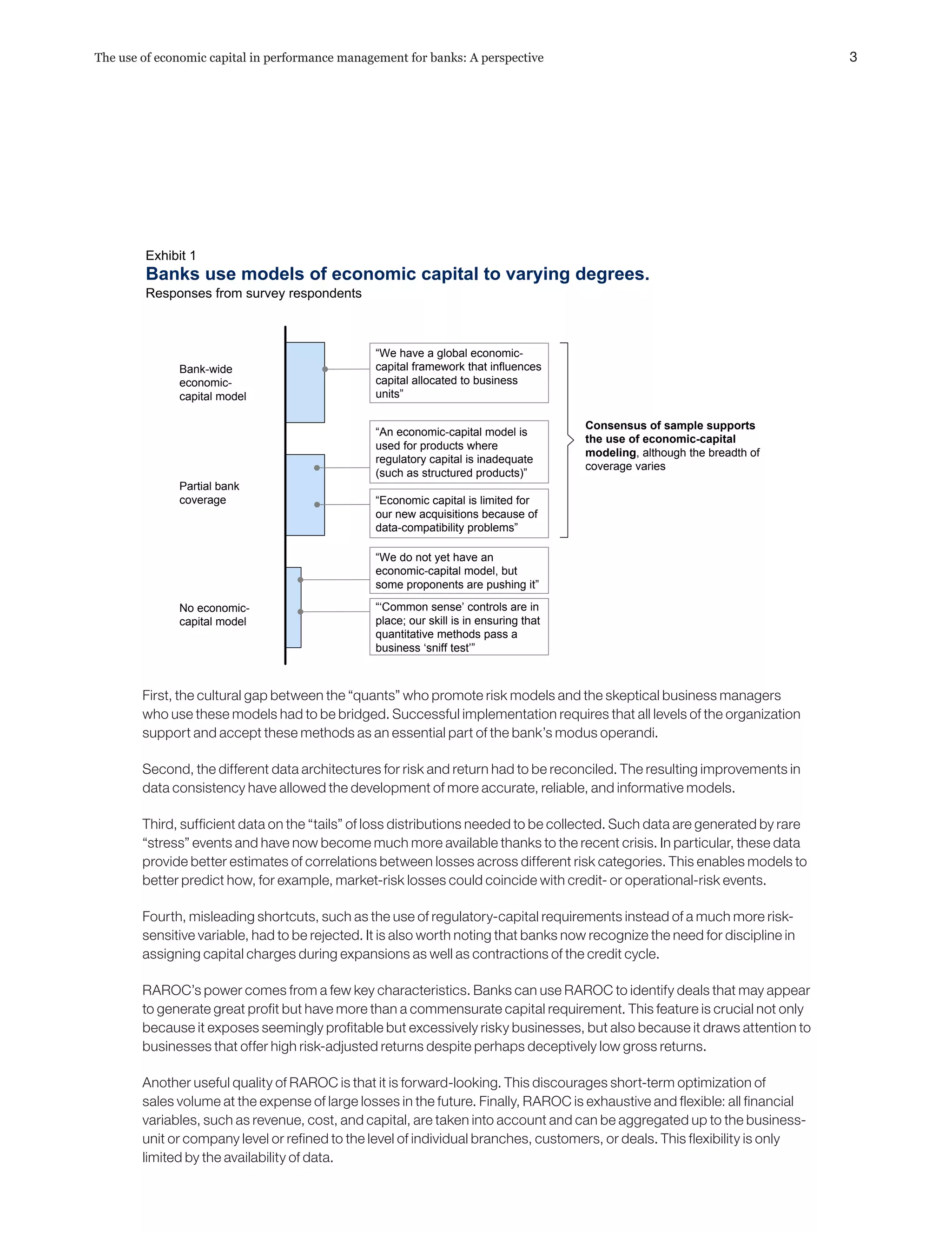 3The use of economic capital in performance management for banks: A perspective
First, the cultural gap between the “quants” who promote risk models and the skeptical business managers
who use these models had to be bridged. Successful implementation requires that all levels of the organization
support and accept these methods as an essential part of the bank’s modus operandi.
Second, the different data architectures for risk and return had to be reconciled. The resulting improvements in
data consistency have allowed the development of more accurate, reliable, and informative models.
Third, sufficient data on the “tails” of loss distributions needed to be collected. Such data are generated by rare
“stress” events and have now become much more available thanks to the recent crisis. In particular, these data
provide better estimates of correlations between losses across different risk categories. This enables models to
better predict how, for example, market-risk losses could coincide with credit- or operational-risk events.
Fourth, misleading shortcuts, such as the use of regulatory-capital requirements instead of a much more risk-
sensitive variable, had to be rejected. It is also worth noting that banks now recognize the need for discipline in
assigning capital charges during expansions as well as contractions of the credit cycle.
RAROC’s power comes from a few key characteristics. Banks can use RAROC to identify deals that may appear
to generate great profit but have more than a commensurate capital requirement. This feature is crucial not only
because it exposes seemingly profitable but excessively risky businesses, but also because it draws attention to
businesses that offer high risk-adjusted returns despite perhaps deceptively low gross returns.
Another useful quality of RAROC is that it is forward-looking. This discourages short-term optimization of
sales volume at the expense of large losses in the future. Finally, RAROC is exhaustive and flexible: all financial
variables, such as revenue, cost, and capital, are taken into account and can be aggregated up to the business-
unit or company level or refined to the level of individual branches, customers, or deals. This flexibility is only
limited by the availability of data.
Banks use models of economic capital to varying degrees.
Responses from survey respondents
Exhibit 1
Bank-wide
economic-
capital model
No economic-
capital model
Partial bank
coverage
“We do not yet have an
economic-capital model, but
some proponents are pushing it”
“‘Common sense’ controls are in
place; our skill is in ensuring that
quantitative methods pass a
business ‘sniff test’”
Consensus of sample supports
the use of economic-capital
modeling, although the breadth of
coverage varies
“We have a global economic-
capital framework that influences
capital allocated to business
units”
“Economic capital is limited for
our new acquisitions because of
data-compatibility problems”
“An economic-capital model is
used for products where
regulatory capital is inadequate
(such as structured products)”
 