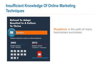 Insufficient Knowledge Of Online Marketing
Techniques
Roadblock in the path of many
businesses successes
 