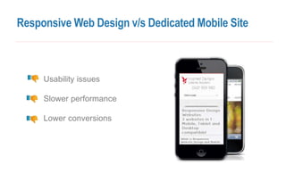 Responsive Web Design v/s Dedicated Mobile Site
Speed – Quicker
Increased leads & sales
Targeted content
Dedicated Mobile ...