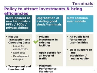 Policy to attract investments & bring
efficiencies
Development of
new terminals –
PFTs / ICDs /
private sidings
• Reduce
Transaction and
Operating Costs
• Lease for
connectivity
• Staff cost
• Development
charges
• Transparent and
time bound
Upgradation of
existing good
sheds/terminals
• Private
investment in
existing
facilities
• Open access for
all types of
traffic
• Minimum
Performance
Standards
New common
user models
• All Public land
for common
user facilities
• IR to support on
land
acquisition /
land as equity
Terminals
42
 