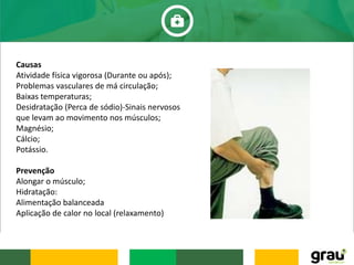 Causas
Atividade física vigorosa (Durante ou após);
Problemas vasculares de má circulação;
Baixas temperaturas;
Desidratação (Perca de sódio)-Sinais nervosos
que levam ao movimento nos músculos;
Magnésio;
Cálcio;
Potássio.
Prevenção
Alongar o músculo;
Hidratação:
Alimentação balanceada
Aplicação de calor no local (relaxamento)
 