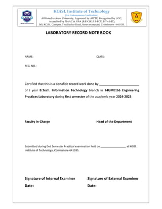 24UME166 ENGINEERING PRACTICES LAB RECORD | PDF