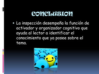 CONCLUSION
 La inspección desempeña la función de
 activador y organizador cognitivo que
 ayuda al lector a identificar el
 conocimiento que ya posee sobre el
 tema.
 