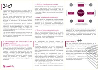 24x7                                                         2. Línea de Administración remota.
                                                             Dependiendo del horario de recepción de la incidencia,
                                                             esta será asignada a un técnico en oﬁcina o a uno del
                                                             equipo técnico de guardia. En cualquier caso, un
Actualmente, Cast Info cuenta con una amplia base de
                                                             administrador especializado se conectará remotamente
clientes que utilizan los servicios de atención a su
                                                             al sistema en el que se ha detectado la incidencia para
infraestructura de TI las 24 horas del día, los 365 días
                                                             su resolución.
del año.
Cast Info viene proporcionanado este modelo de
prestación de servicio desde hace más de 8 años,             3. Línea, de Administración in-situ.
disponiendo de varias modalidades de servicio para           En caso de que la incidencia no se pueda resolver
garantizar la adecuación a las necesidades de cada           remotamente, y dependiendo del tipo de servicio
usuario.                                                     contratado , un administrador      especializado se
Cast Info se base en metodologías ITIL para garantizar       desplazará al CPD, cumpliendo escrupulosamente el
la calidad de sus servicios de gestión de infraestructuras   procedimiento acordado, para resolver la incidencia
y asegurar la correcta atención a sus clientes. Este         in-situ.
compromiso con la calidad se reﬂeja en la certiﬁcación
ISO 20000 otorgada en el año 2008 a su Sistema de                                                                       mensajes SMS a teléfonos móviles. El servicio incluye la
Gestión de Servicios TI                                      4. Línea de Responsable de servicio.                       elaboración de informes mensuales de seguimiento ,
                                                             Para los casos excepcionales en que no se puede            cumplimiento de SLA´s, y propuestas de mejoras en la
Cast Info pone también a disposición de los usuarios de
                                                             cumplir el procedimiento acordado con el usuario , el      infraestructura a partir de las incidencias detectadas.
este servicio su sistema de monitorización D.A.L.I. que
                                                             administrador podrá        recurrir al responsable del     Estos informes se presentan periódicamente en una
permite de forma ﬂexible y rápida tener monitorizada
                                                             servicio 24x7 de Cast Info para decidir cómo gestionar     reunión con el usuario.
toda su infraestructura de TI
                                                             la resolución y cierre de la incidencia.


El funcionamiento del servicio se basa en                    Las modalidades de servicios posibles son                  CASO DE ÉXITO
las siguientes líneas:                                       monitorización, intervención remota, o intervención
                                                                                                                        Cast Info proporciona soporte a los empleados de la
                                                             in-situ.
1. Línea de monitorización y operación.                                                                                 empresa Nissan (CAU, centro de atención al usuario)
                                                             En cualquier caso, antes de iniciar la prestación de
Desde el centro de recepción de incidencias el equipo                                                                   Cast Info gestiona este servicio para dos grandes áreas.
                                                             cualquier modalidad de servicio, Cast Info instala su
técnico de administración está conectado a los sistemas      sistema de monitorización D.A.L.I y acuerda con el         El CAU, a través del cual proporciona servicio de soporte
de monitorización de los ususarios, pendientes de            usuario el procedimiento de actuación ante cada tipo       informático a usuarios de fabricación y montaje de
cualquier anomalia de funcionamiento. Una vez                de incidencia.                                             Nissan Motor Ibérica y Nissan Iberia en España.
detectada la incidencia se da de alta en el sistema de
control y se procede según el horario y el modelo de         Una vez deﬁnidos los procedimientos, estos se              Por otro lado, se responsabiliza del mantenimiento de las
contrato suscrito con el usuario. Los usuarios también       implementan en el sistema de documentación basado          redes y servidores.
pueden abrir incidencias vía telefónica, correo              en Wiki que tiene D.A.L.I , de manera que al producirse    El Servicio cubre a 5.0000 profesionales, gestiona 200
electrónico o directamente en el sistema de gestión de       cualquier incidencia en el sistema, pulsando sobre         servidores, atiende un volumen estimado de 40.000
incidencias.                                                 clickando el icono que aparece al lado de servicio que     llamadas y 50.000 incidencias
                                                             no está funcionando correctamente, el operador sabe
                                                             cuáls es el procedimiento a seguir.
                                                             D.A.L.I también ofrece varios posibles tipos de alarmas:
                                                             pantallas con códigos de colores, correos electrónicos y
 