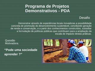 Programa de Projetos
                 Demonstrativos - PDA
                                                                     Desafio
           Demonstrar através de experiências locais inovadoras a possibilidade
    concreta de promoção do desenvolvimento sustentável, conciliando geração
    de renda e conservação, e a partir dos conhecimentos construídos, subsidiar
          a formulação de políticas públicas que contribuam para a ampliação da
                                               escala de impacto destas práticas.

Questão
Motivadora.

“Pode uma sociedade
aprender ?”
 