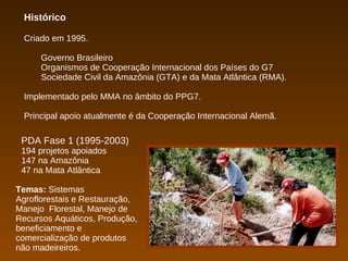 Histórico

 Criado em 1995.

      Governo Brasileiro
      Organismos de Cooperação Internacional dos Países do G7
      Sociedade Civil da Amazônia (GTA) e da Mata Atlântica (RMA).

 Implementado pelo MMA no âmbito do PPG7.

 Principal apoio atualmente é da Cooperação Internacional Alemã.

 PDA Fase 1 (1995-2003)
 194 projetos apoiados
 147 na Amazônia
 47 na Mata Atlântica

Temas: Sistemas
Agroflorestais e Restauração,
Manejo Florestal, Manejo de
Recursos Aquáticos, Produção,
beneficiamento e
comercialização de produtos
não madeireiros.
 