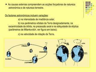  As causas externas compreendem as acções forçadoras de natureza
astronómica e de natureza terrestre.
Os factores astronómicos incluem variações:
a) na intensidade de irradiância solar;
b) nos parâmetros orbitais da Terra designadamente, na
excentricidade da órbita, na precessão axial e na obliquidade da elíptica
(parâmetros de Milankovitch, ver figura em baixo);
c) na velocidade de rotação da Terra.
 